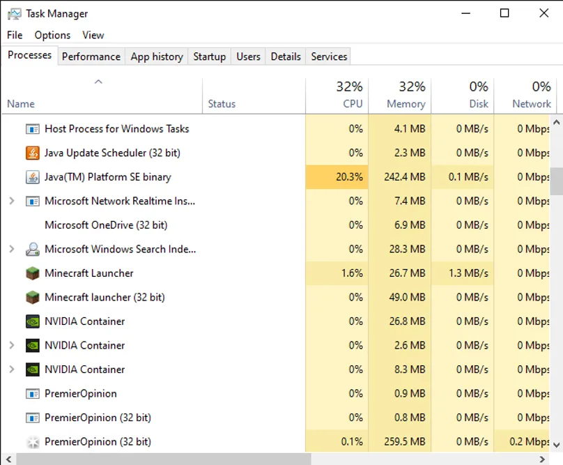 resource usage for Minecraft in task manager